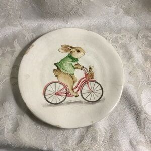 Rare Vintage Bunny on a Bicycle Decorative Crazed Ceramic Glazed Plate